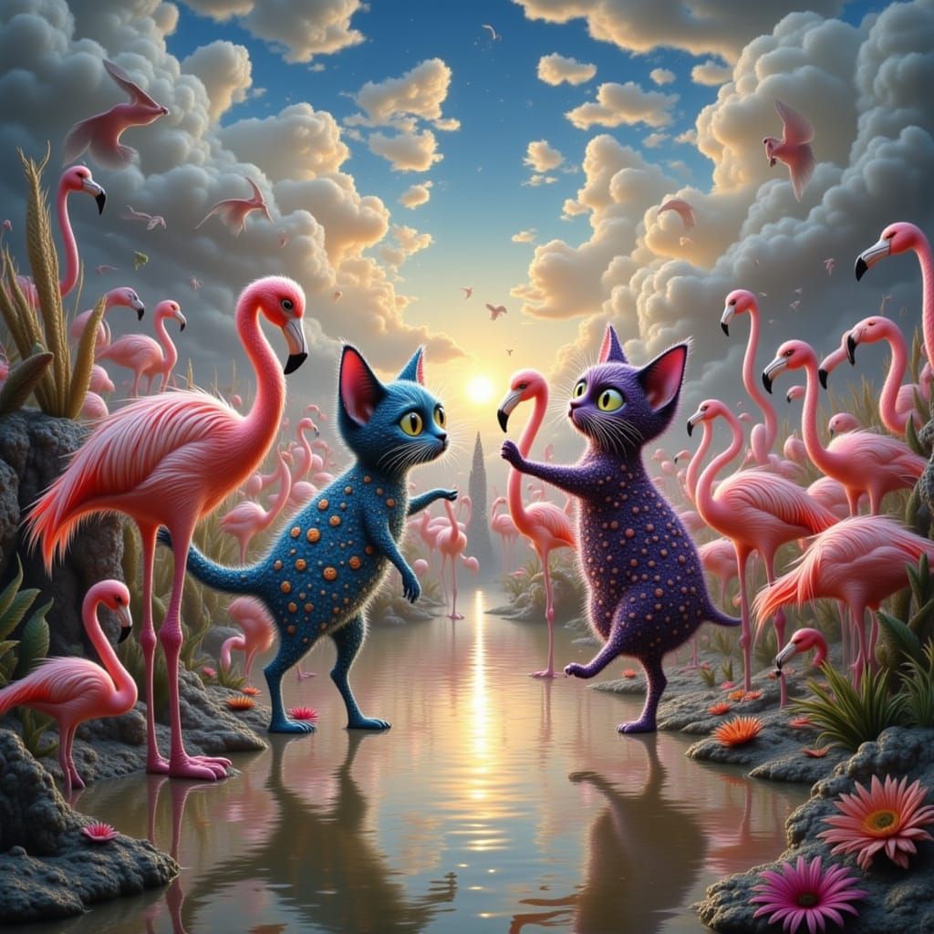 Cats and Flamingos Dancing in Surreal Style