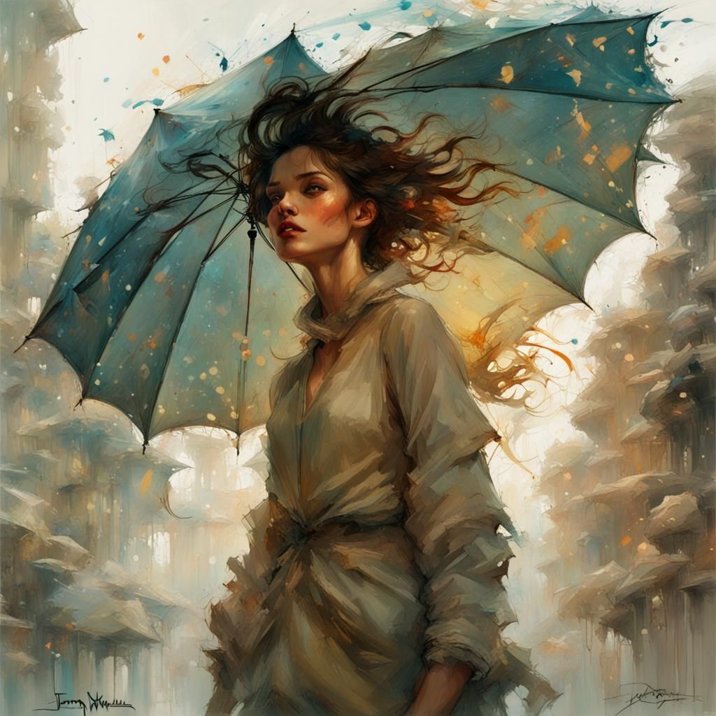 Windy Umbrella in Digital Pointillism Style