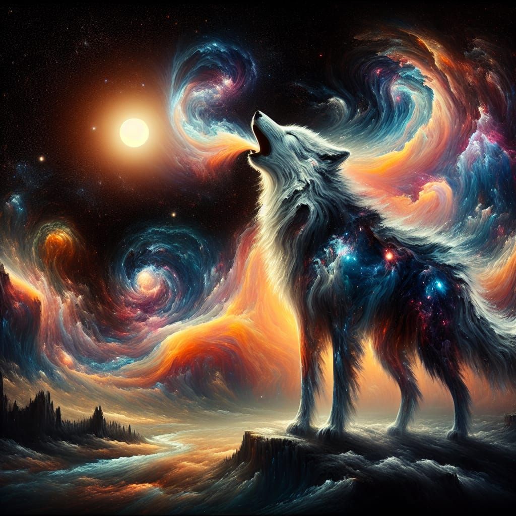 Celestial Wolf Howling at Binary Sunset