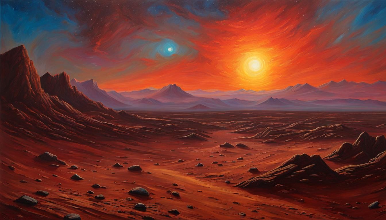 Martian Sunset with Colorful Sky, Oil Painting Style