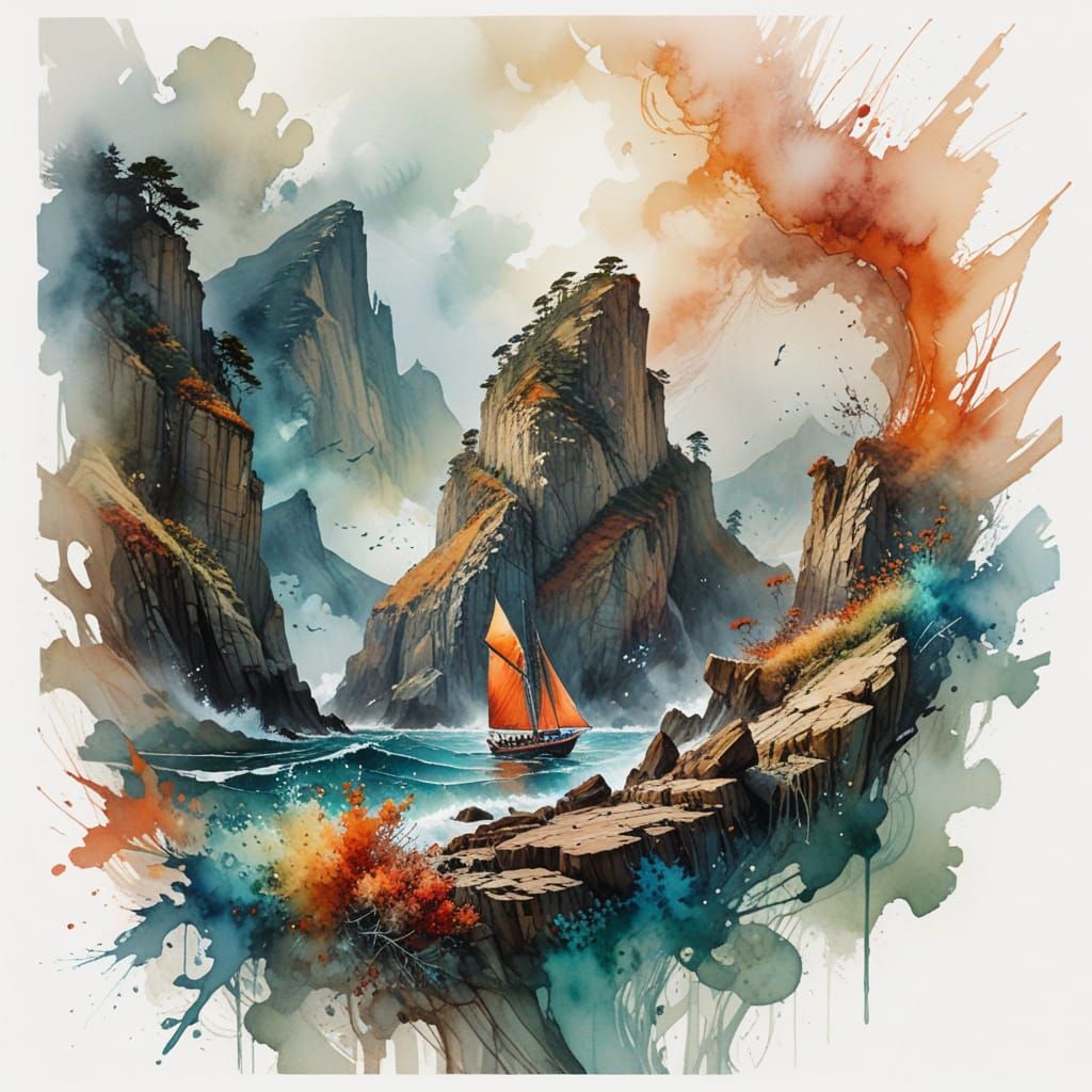 Vibrant Sailboats Navigate Turbulent Waters in Expressive Wa...