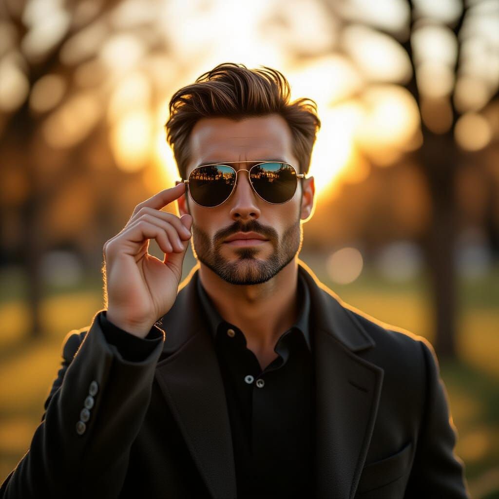 Man in Sunglasses in Sunny Park - Hyperrealistic Photo