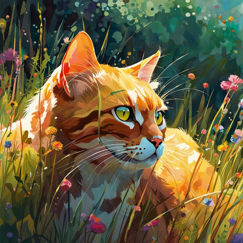 Hyperrealistic Cat in a Colorful Meadow