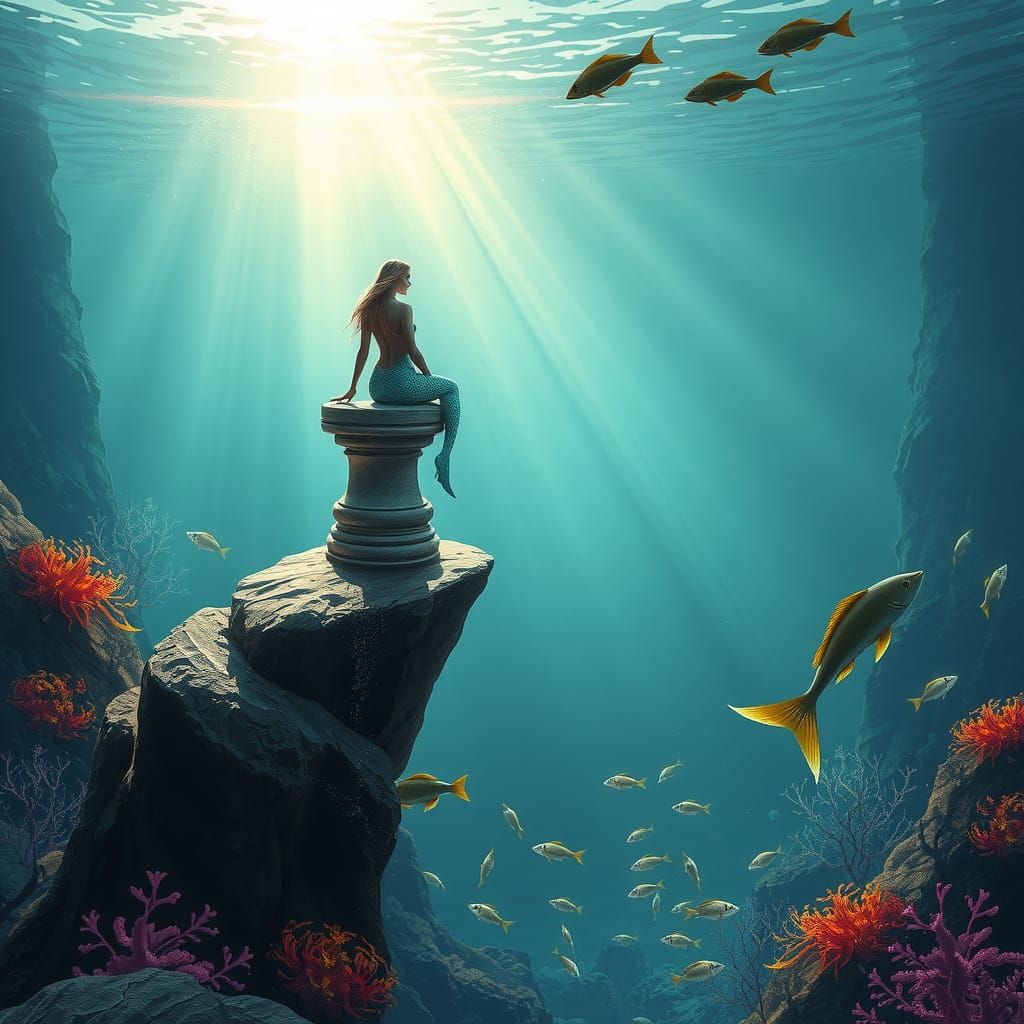 Underwater Mermaid Fantasy Scene with Ethereal Lighting