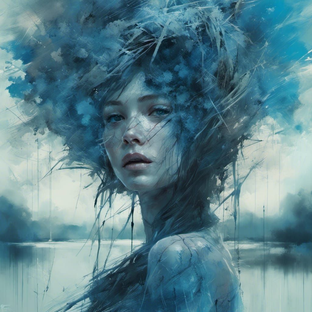 Moody Girl with Cracked Porcelain Skin, Detailed Painting