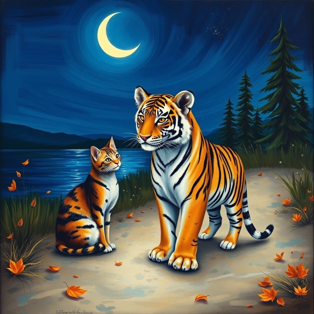 Dreamlike Tiger and Calico in Fantasy Landscape