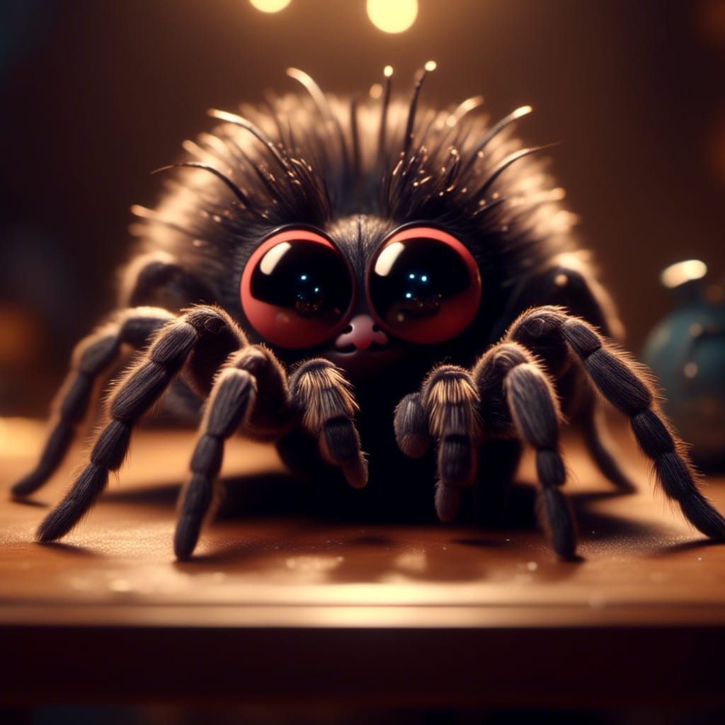 <lora:Kyoot:1.0> Cute tarantula with big pretty inviting eyes sitting on a table with a baby mouse fantasy dreamcore ama...