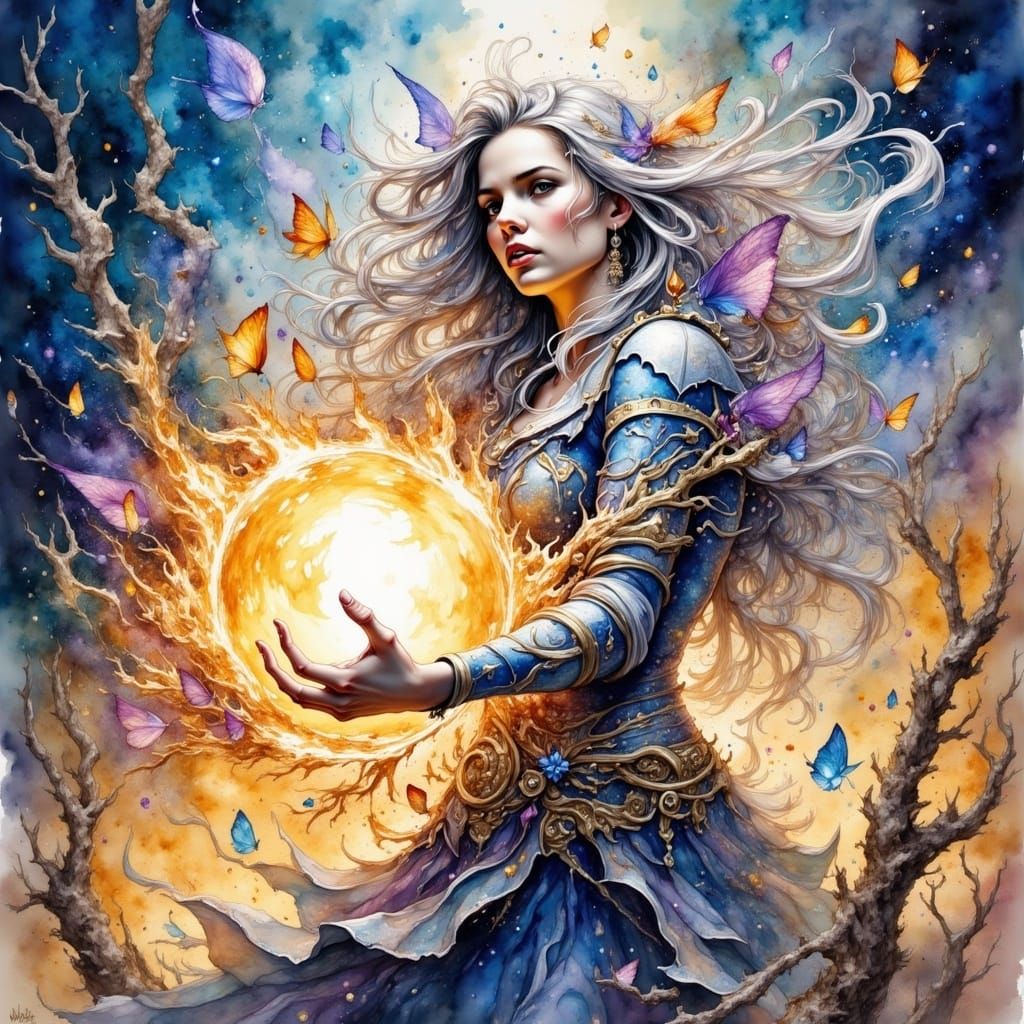 Sorceress Battles to Contain Magical Sphere in Watercolor