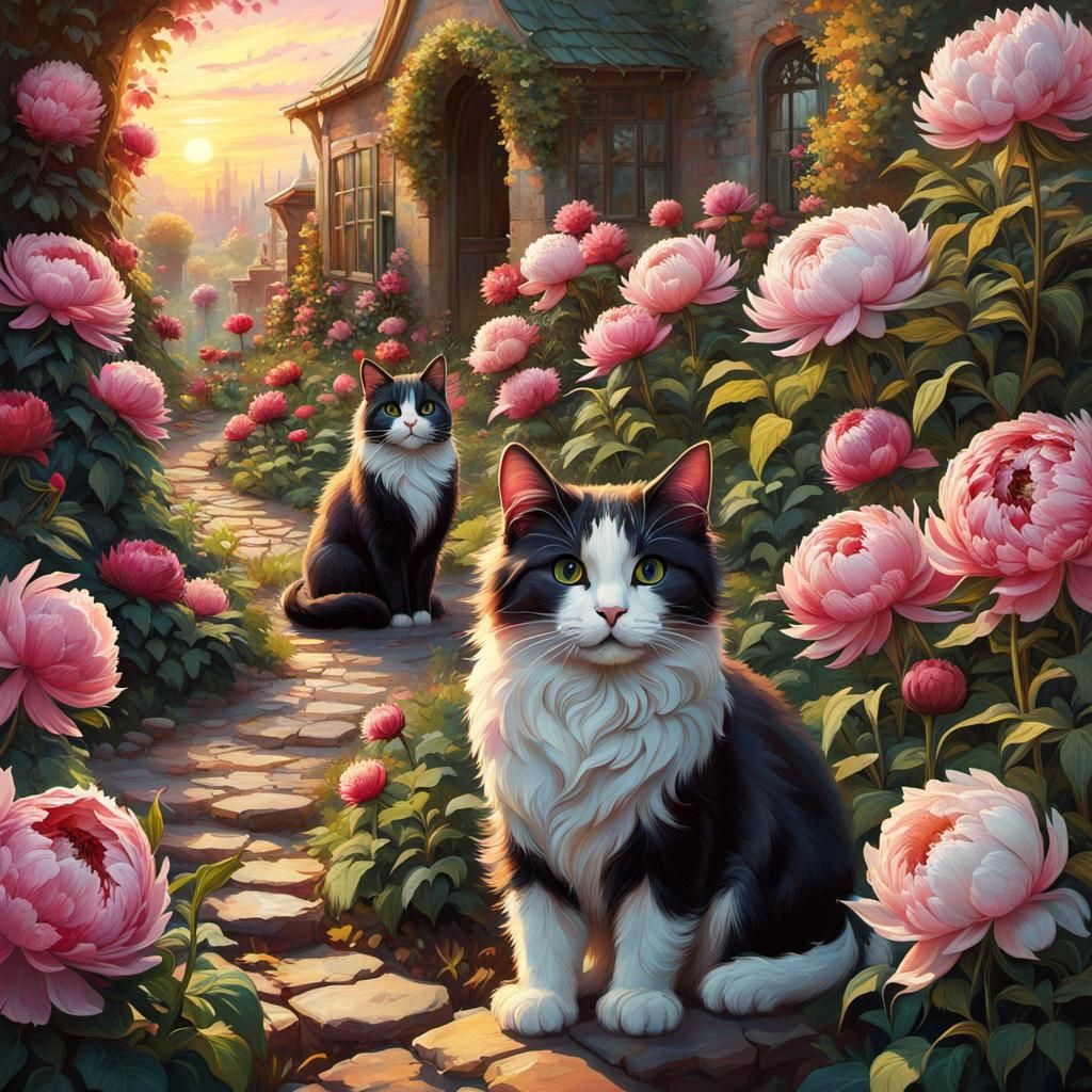 Cats and rabbits a cobblestone path in a wild secret garden of peonies and dahlias at sunset : voluminous dramatic light...