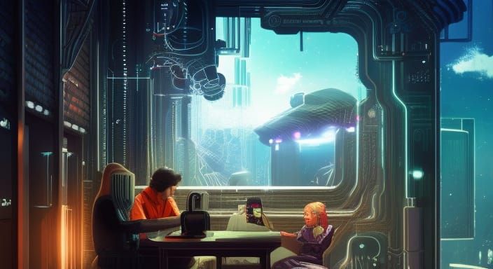 Futuristic Coffee Shop in Space, Cyberpunk Style