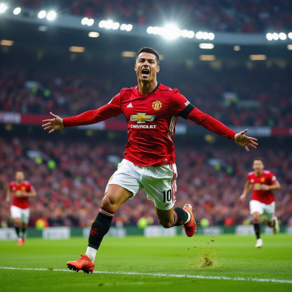 Ronaldo Celebrates Goal in Manchester United Jersey