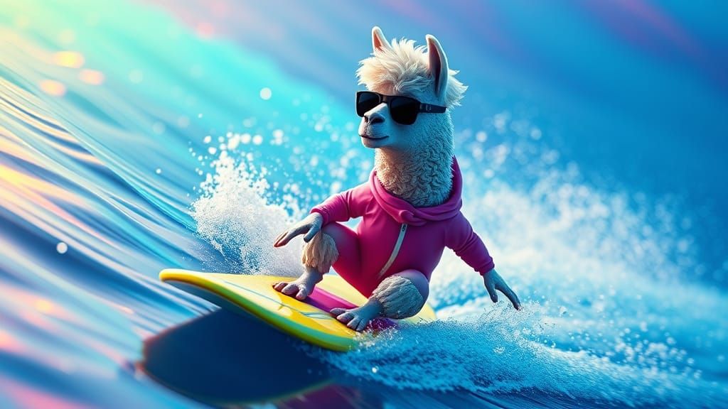 Ethereal CGI Llama Surfer in Vibrant Iridescent Waves