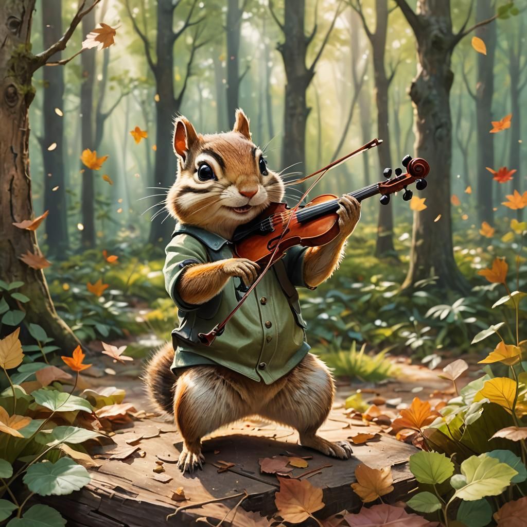 Chipmunk's Forest Serenade: Whimsical Wildlife Illustration