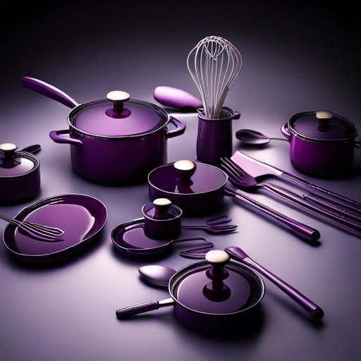 Wabi-Sabi Purple Kitchen Utensils in Photorealistic Detail