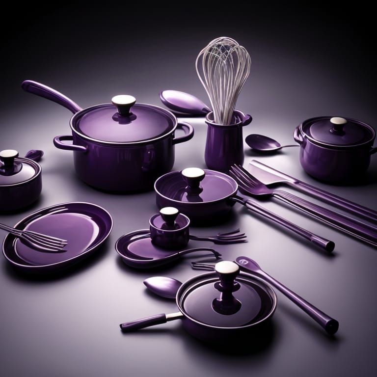 Wabi-Sabi Purple Kitchen Utensils in Photorealistic Detail