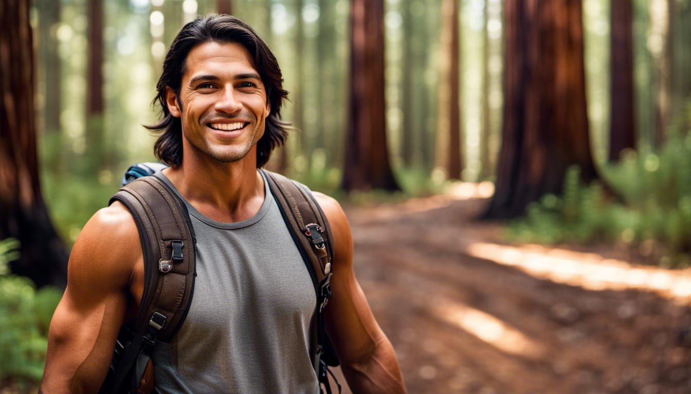 Handsome Native American Man in Redwood Forest