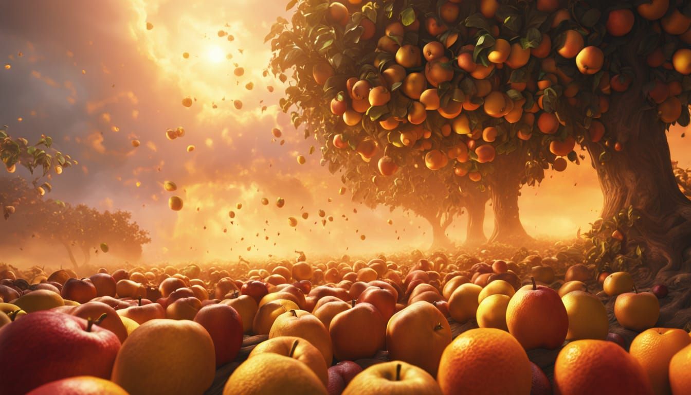 Vibrant Fantasy Art: Falling Fruit in Mist
