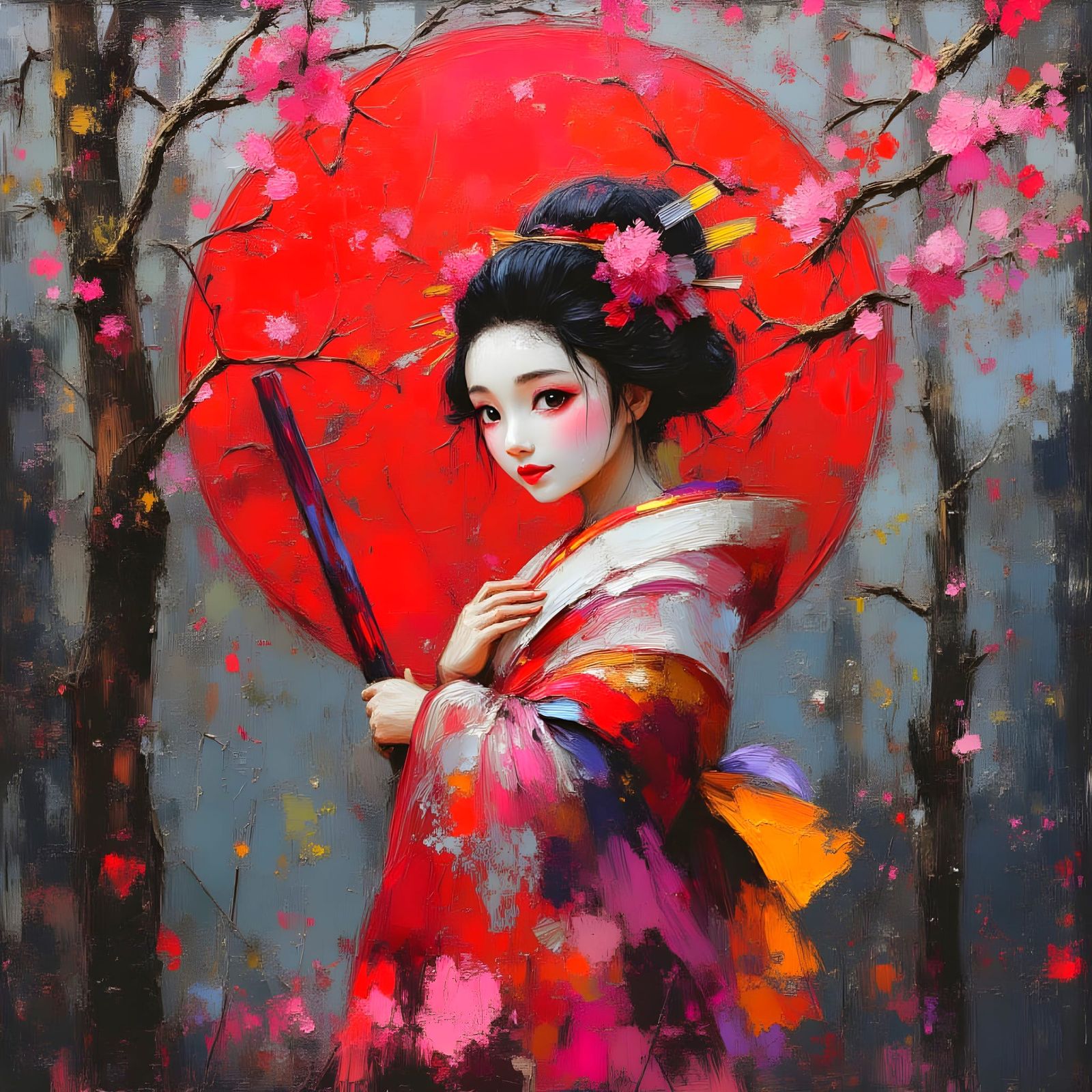 Geisha with Red Moon: Impasto Painting