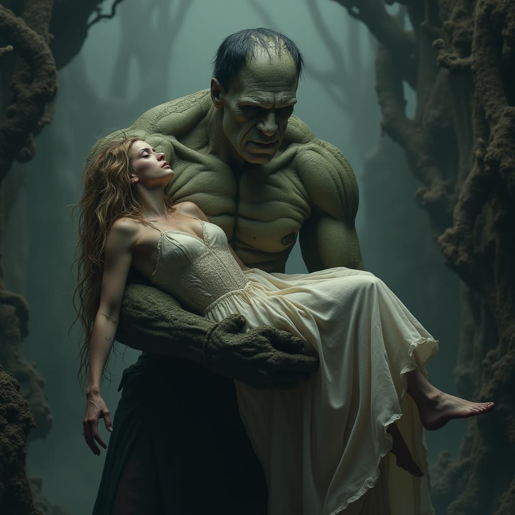 Gentle Giant Cradles Beautiful Woman in Photorealistic Detai...