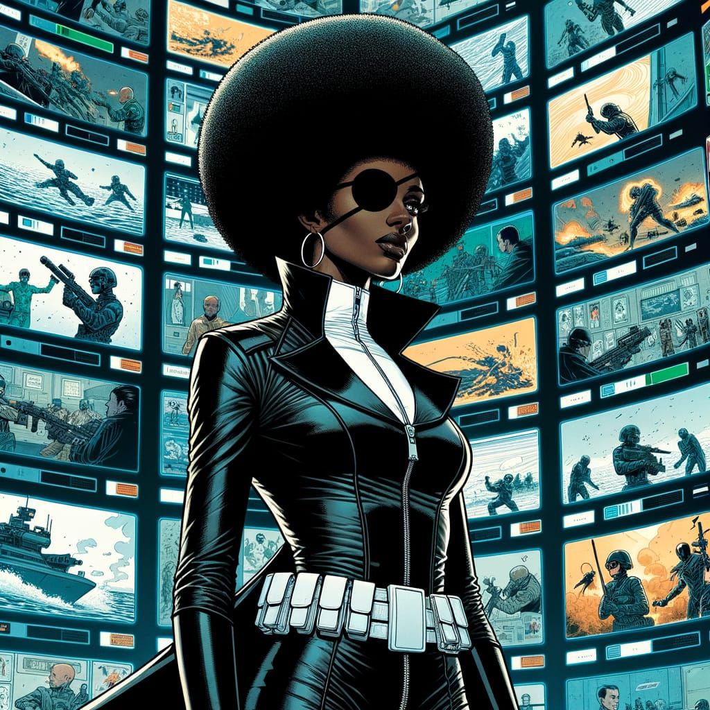 Daring Black Superheroine Stands Before a Wall of Epic Battl...