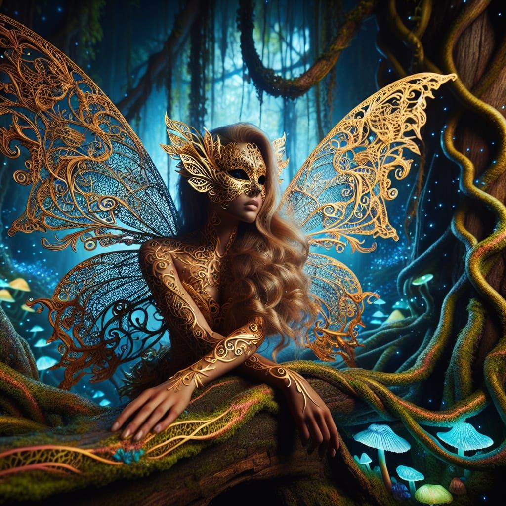 Hispanic Fairy with Gold Filigree Wings in Enchanted Forest