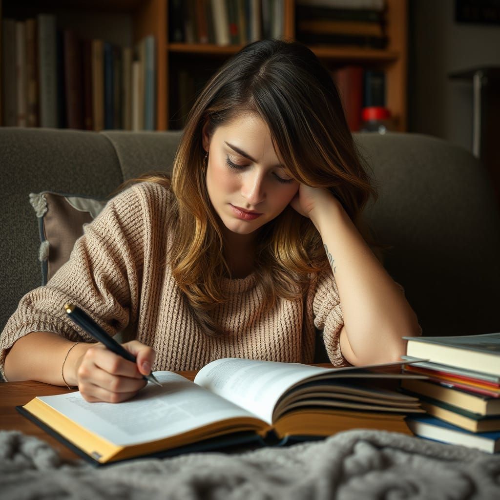 Tired Female Writer at Desk, Lost in Creative World