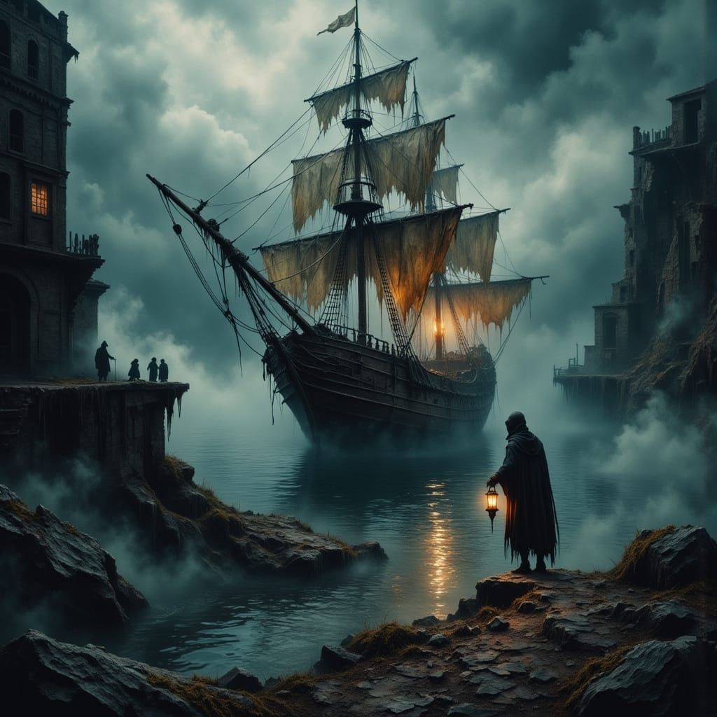 Ghostly Sailing Ship in Misty Bay: Hyperrealistic Illustrati...