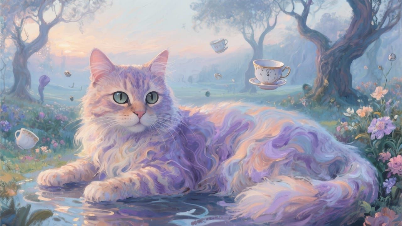 Surreal Impressionist Cat in Dreamlike Pastel Garden