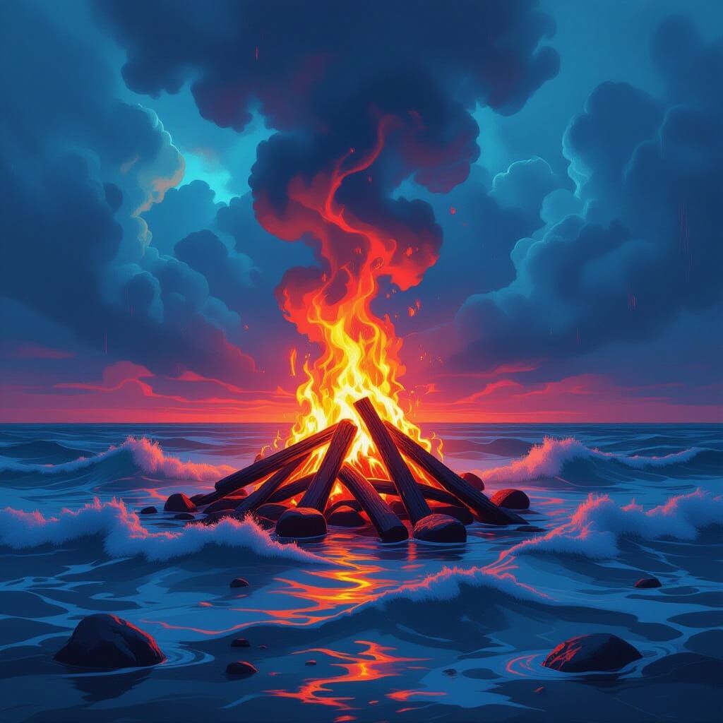 Psychedelic Bonfire on Stormy Sea with Neon Lights
