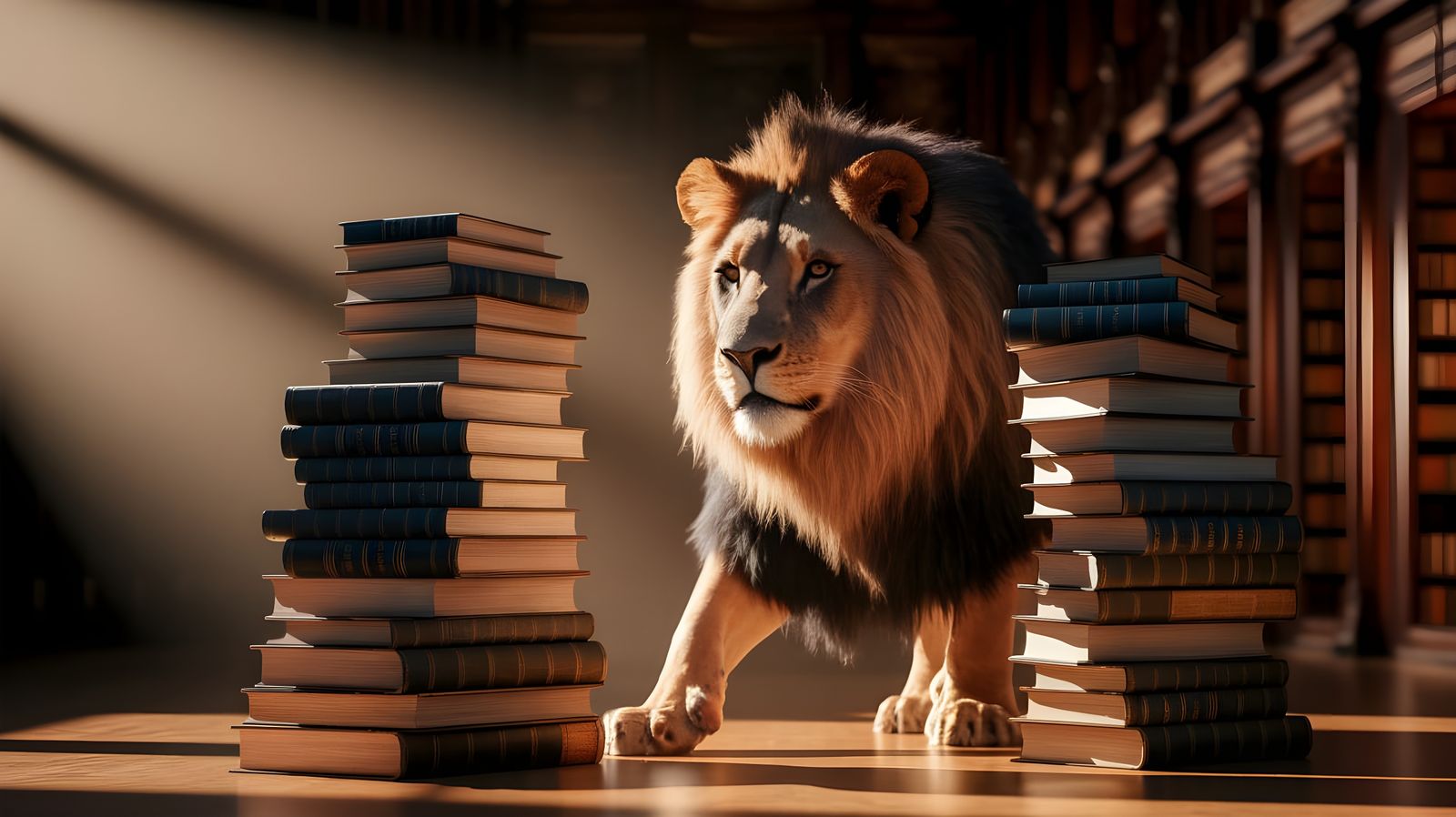 Majestic Lion on Stacked Antique Books