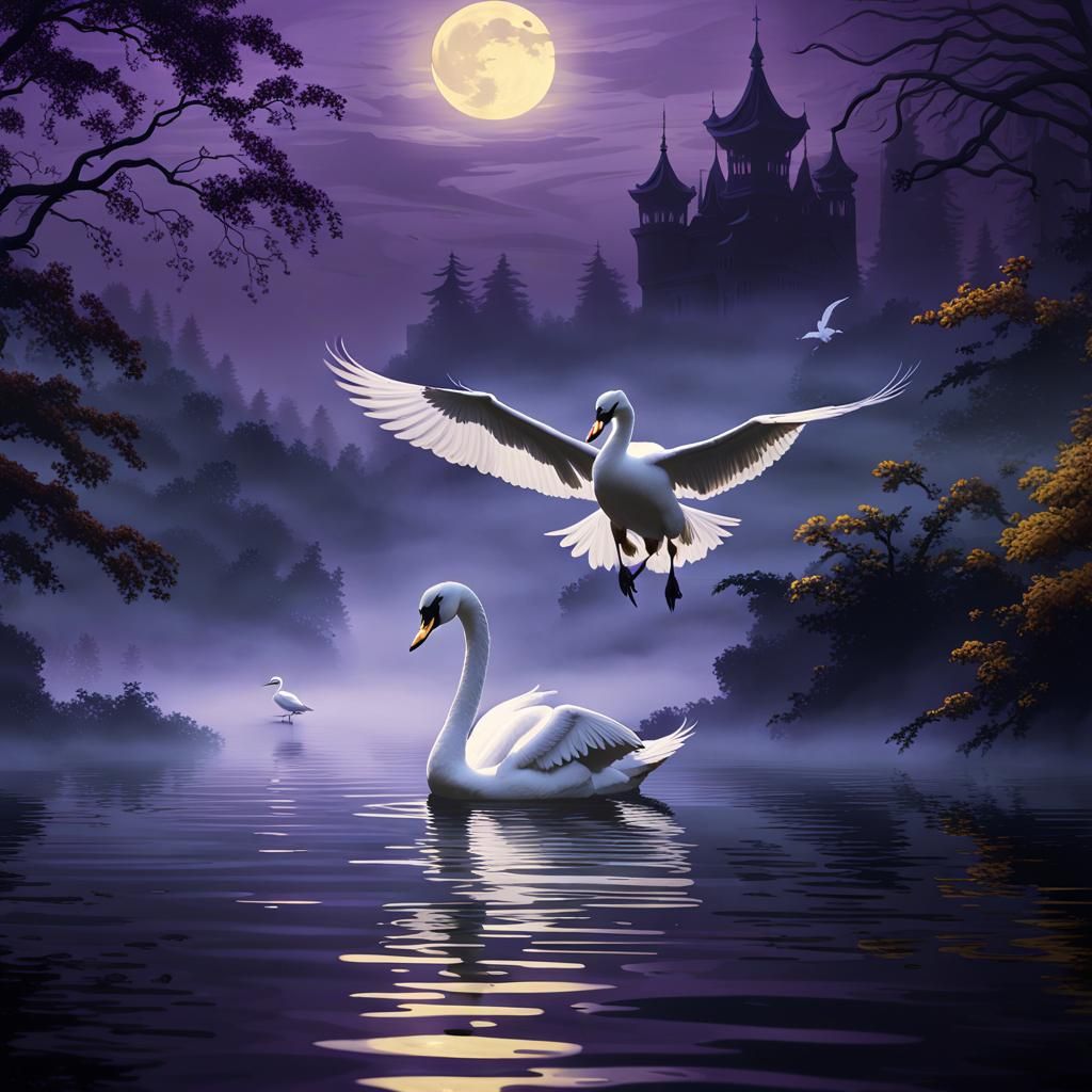 Swan Landing in Moonlit Waters, Cinematic Art