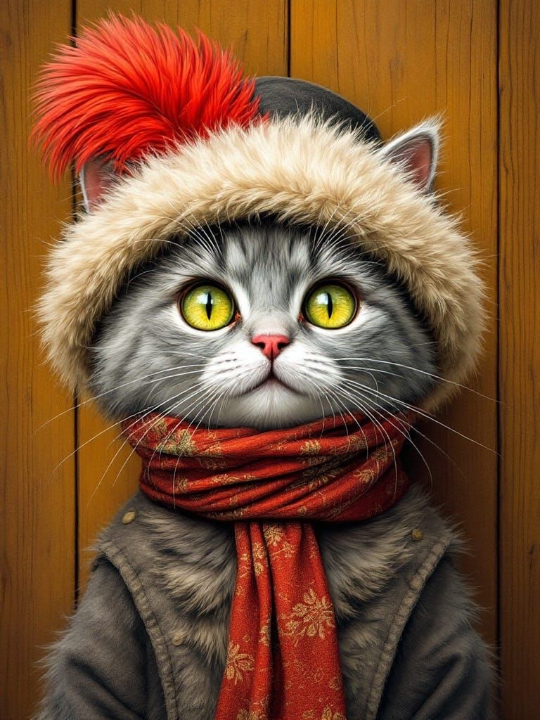 Whimsical Feline in Elegant Fur Hat