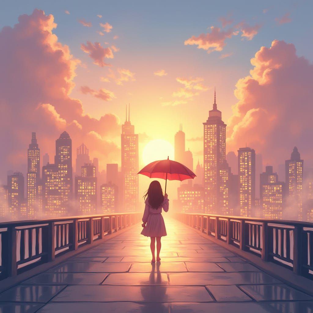 Surreal Cityscape at Sunset with Uplifting Figure