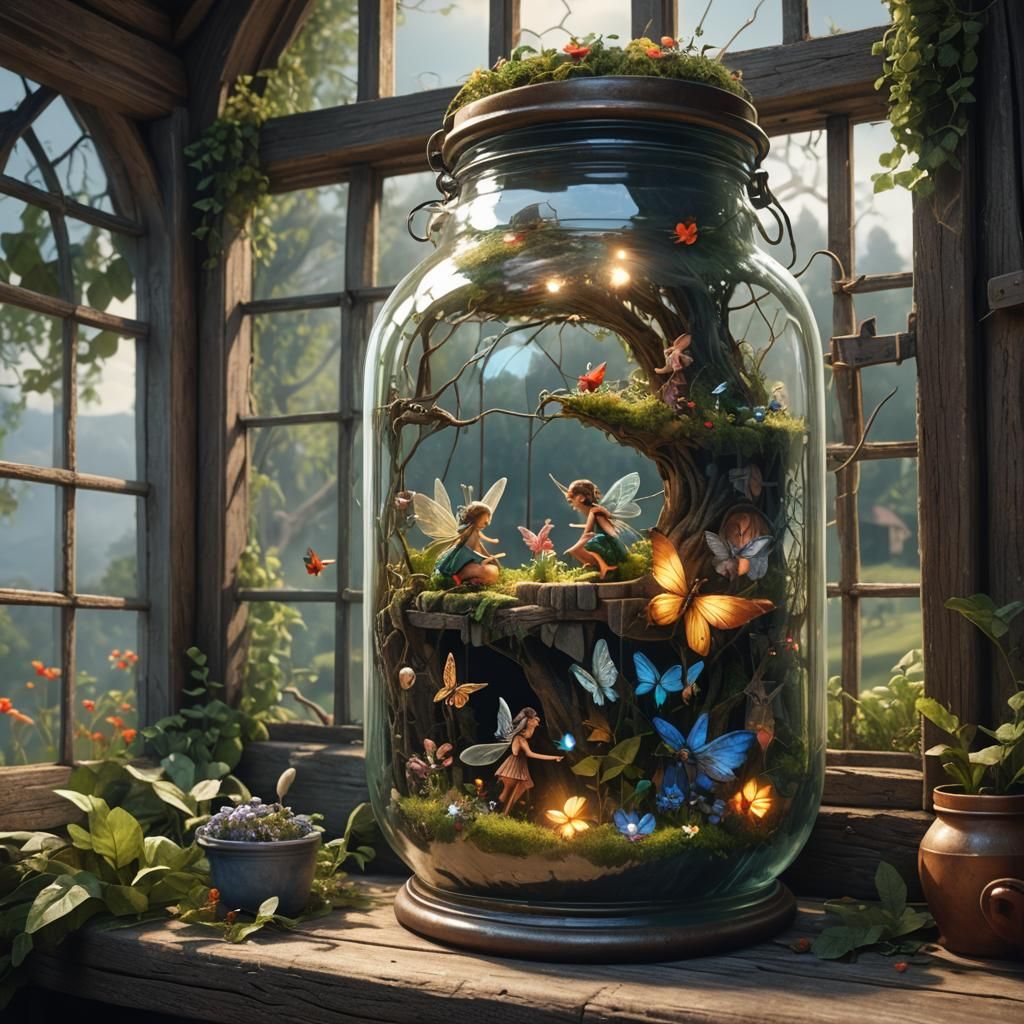 Fairies Trapped in Jar on Farmhouse Windowsill