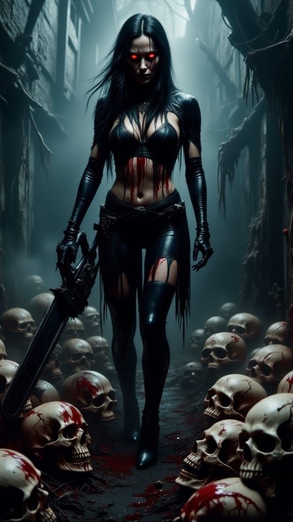 Terrifying Chainsaw Woman in Dark Horror Scene