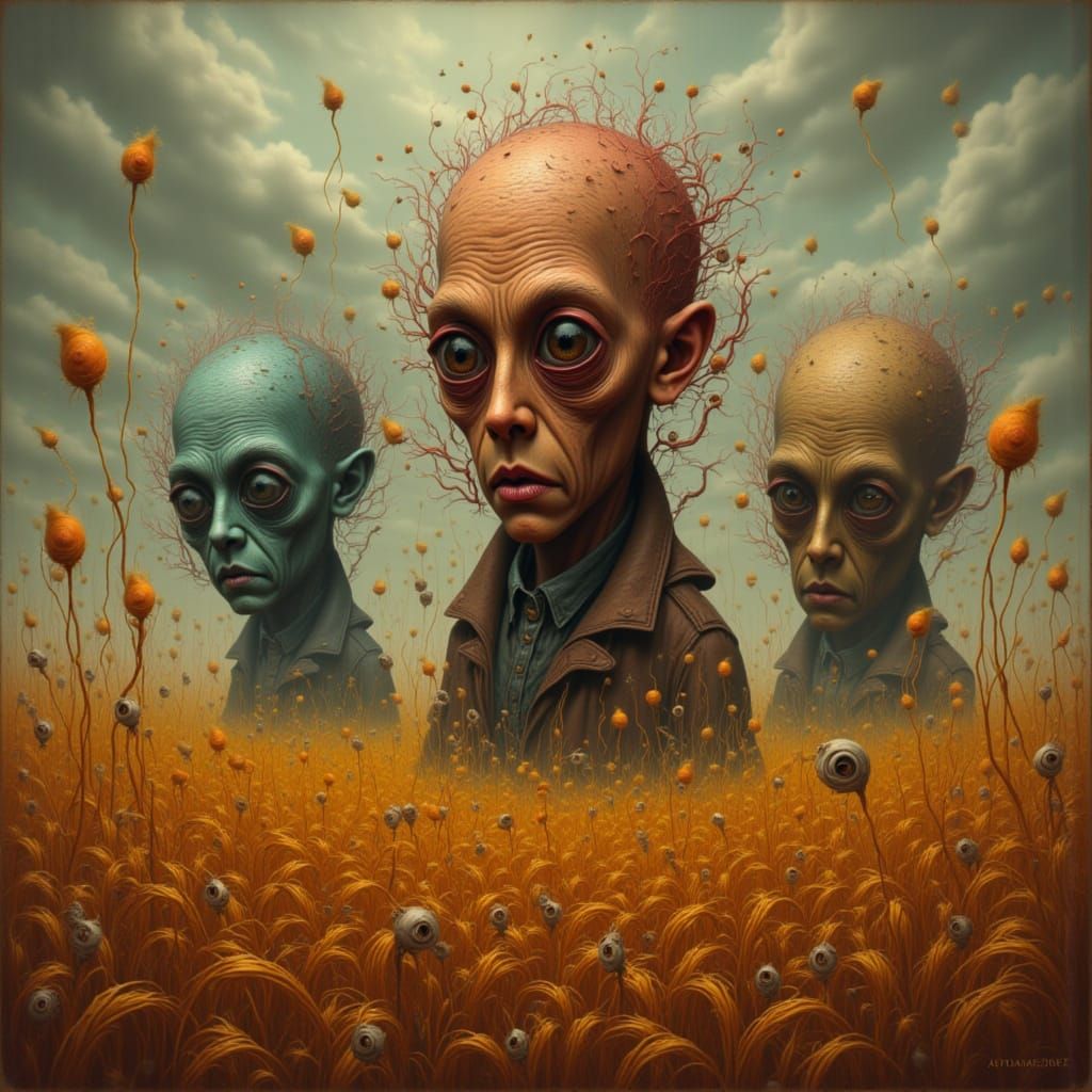 Vibrant Faces in Amber Fields: A Surreal Portrait
