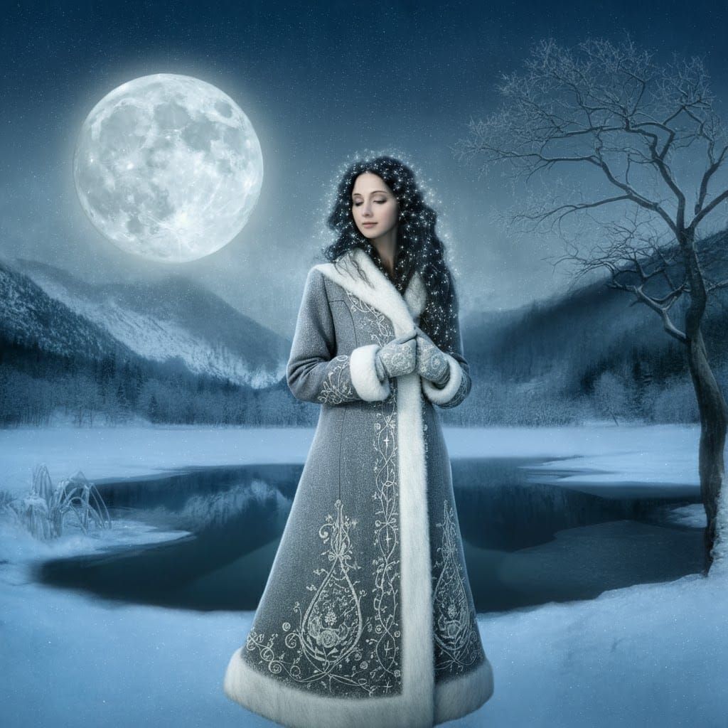 Ethereal Winter: Woman by Frozen Lake in Moonlight