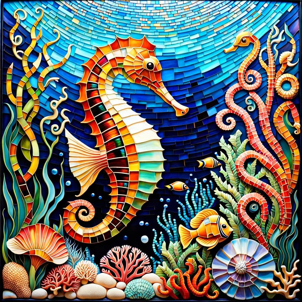 Vibrant Marine Life Mosaic in Stained Glass Style