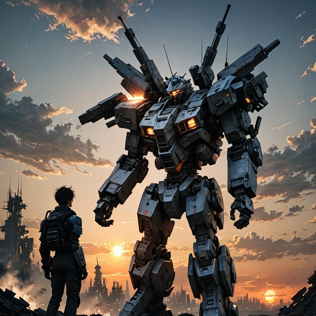 Figure on Mecha Shoulder Stares at Sunset
