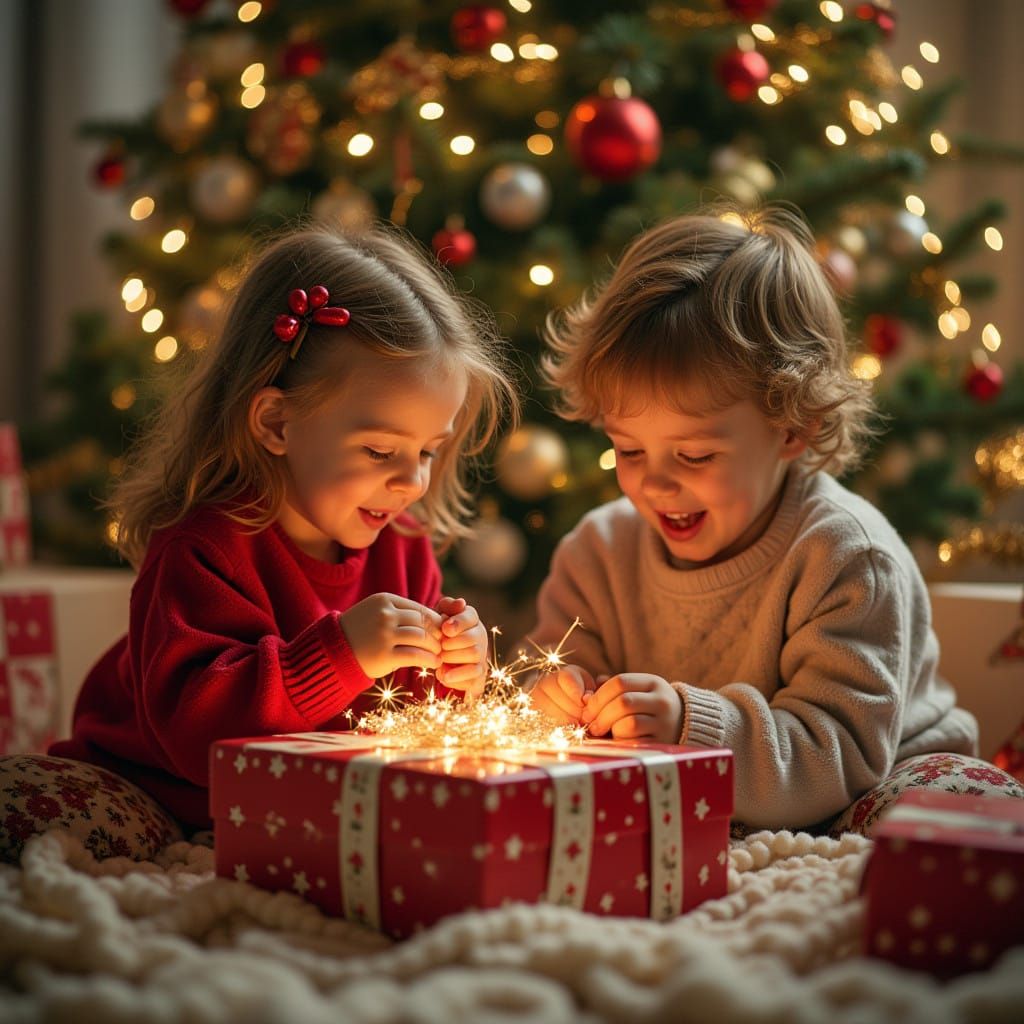 Joyful Children Open Gifts on Christmas Morning Amidst a Bea...
