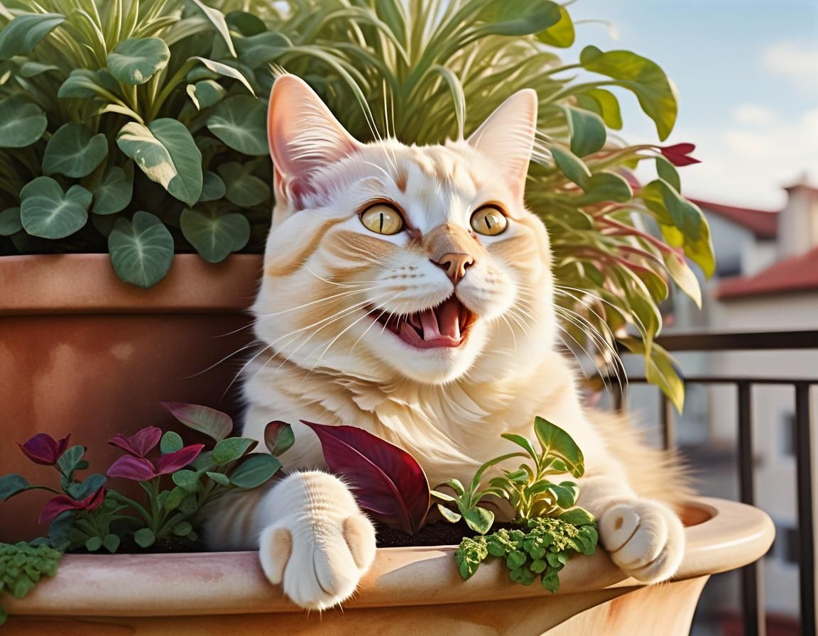 Whimsical Watercolor Cat Balcony Fantasy Art