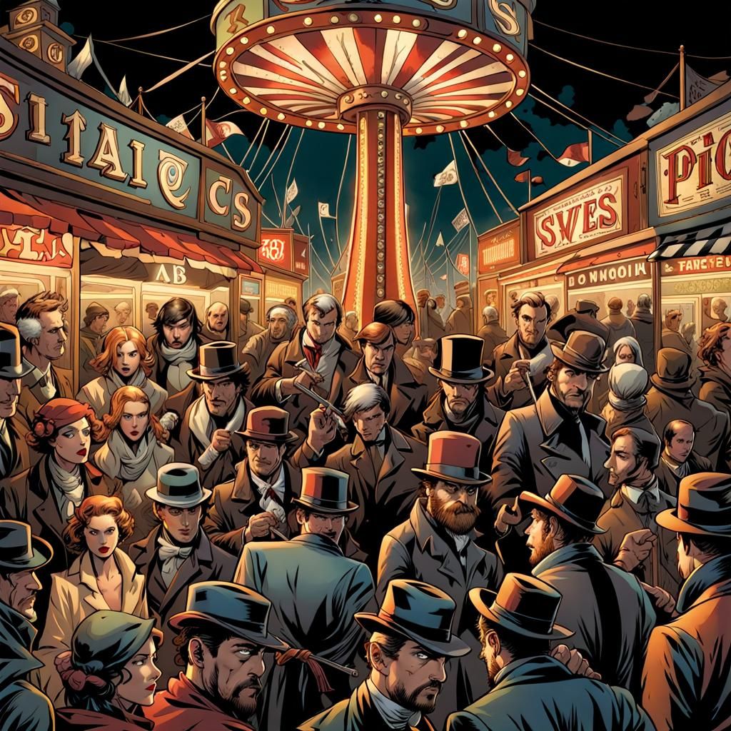Chaotic Turn-of-the-Century Carnival in Comic Book Art
