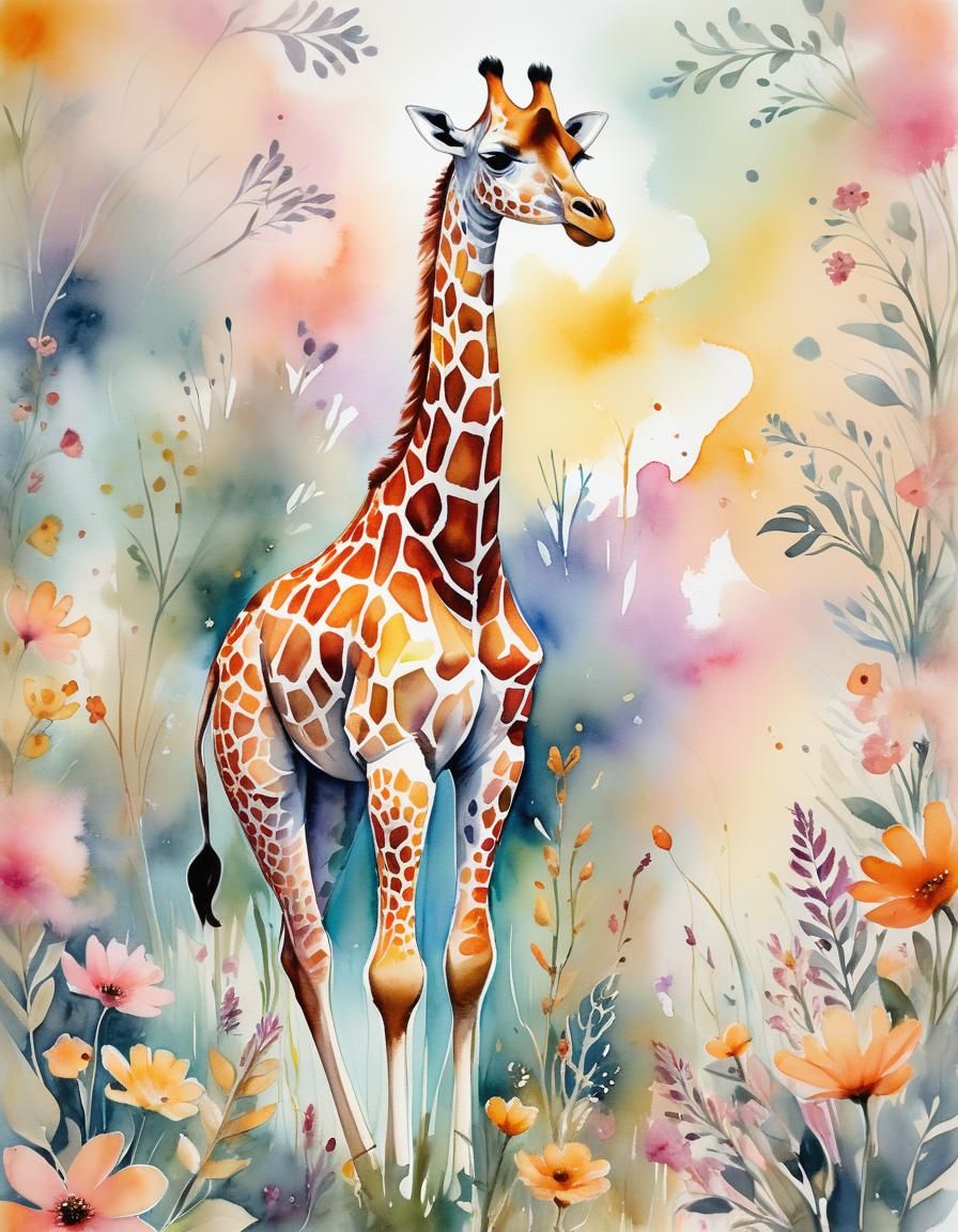 Giraffe in a Whimsical Watercolor Landscape with Dreamy Brus...