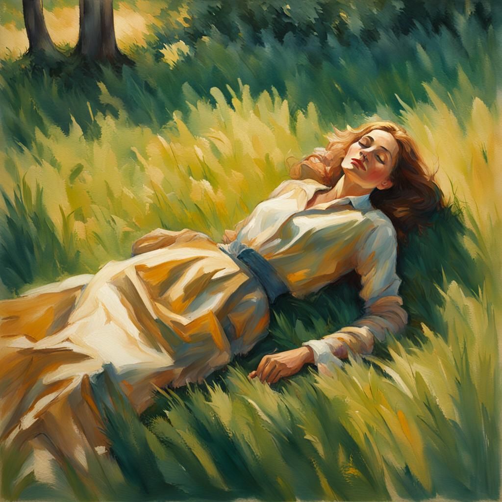 Impressionistic Woman Connects with Earth in Serene Garden