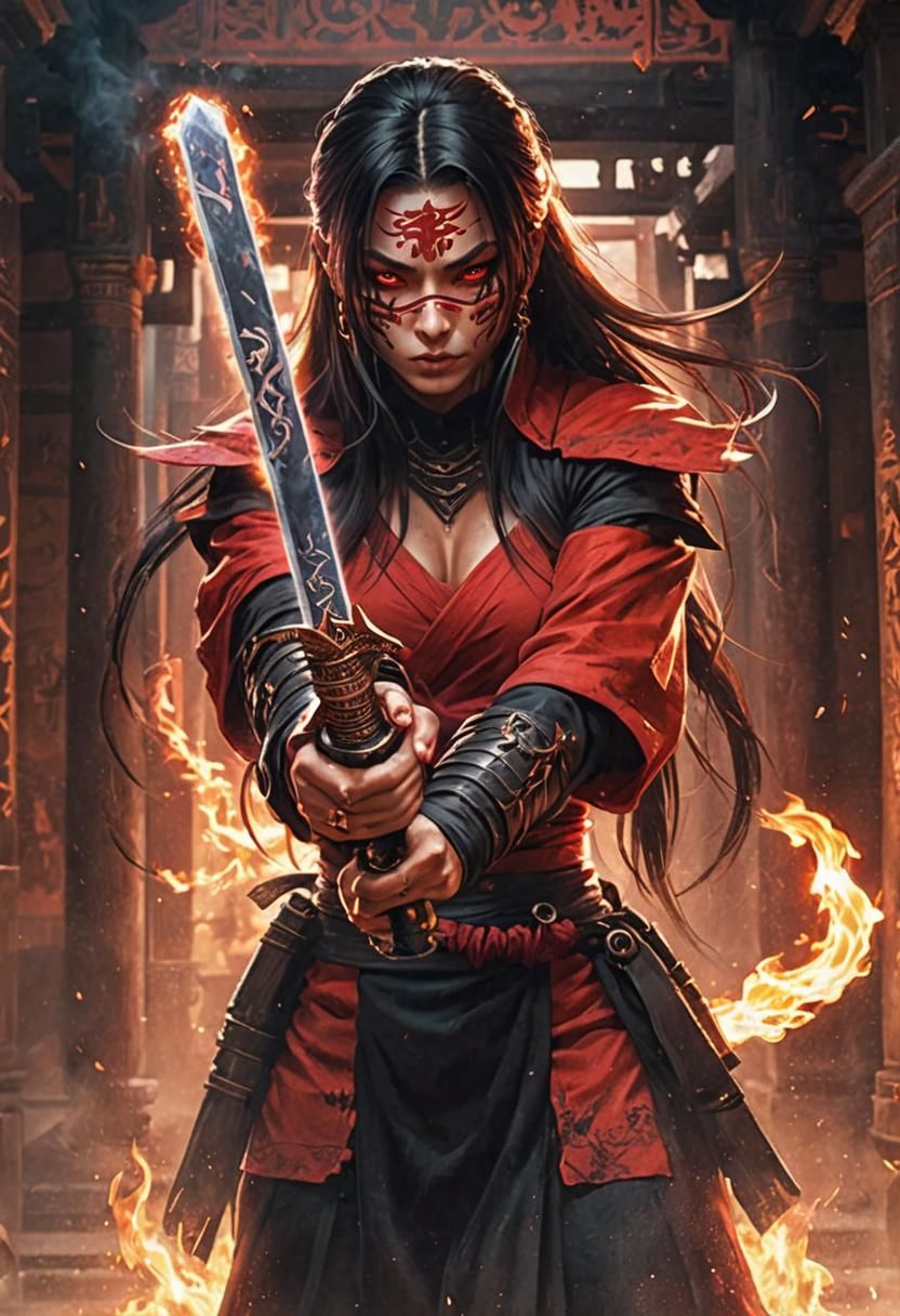 Ninja Woman with Flaming Blade in Cursed Temple
