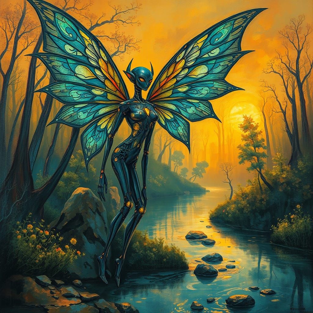 Mystical Robotic Fairy Elf in Surreal Riverscape