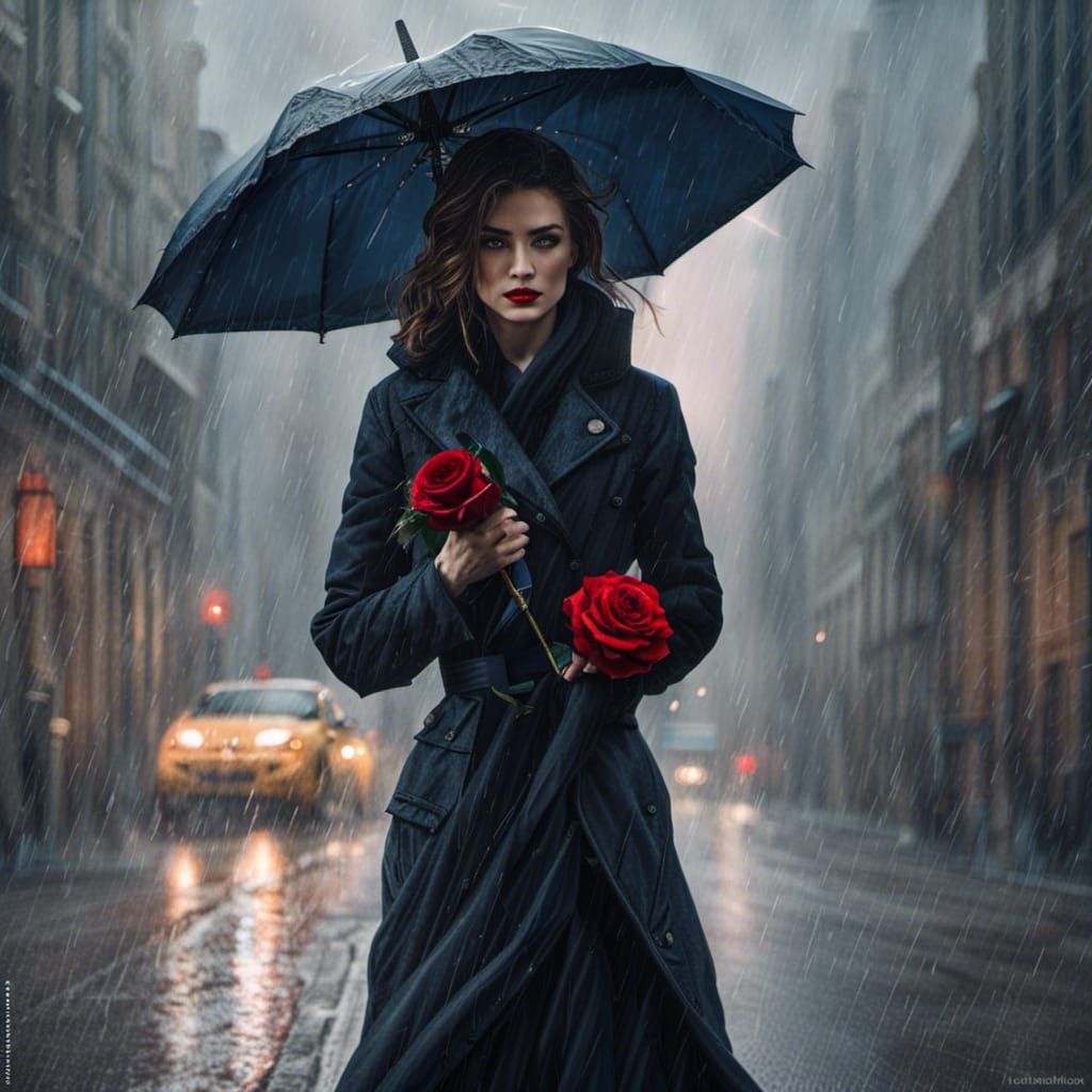 Woman with Umbrella and Rose in the Rain