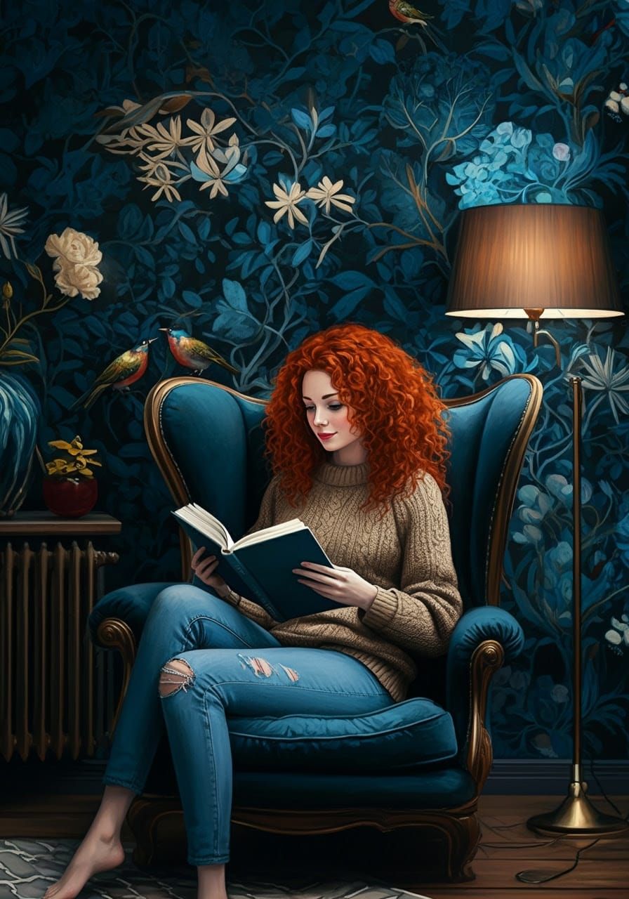 Woman Reading in Armchair with Floral Wallpaper