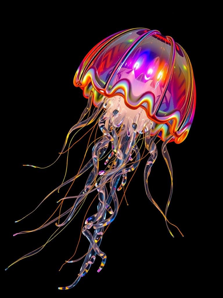 Iridescent Glass Jellyfish in Dark Ocean