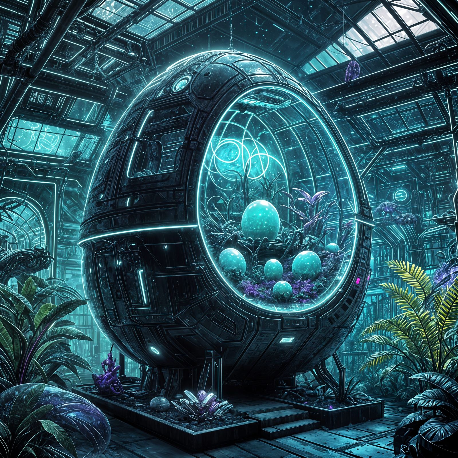 Biopunk Egg in Bioluminescent Cyberpunk Greenhouse